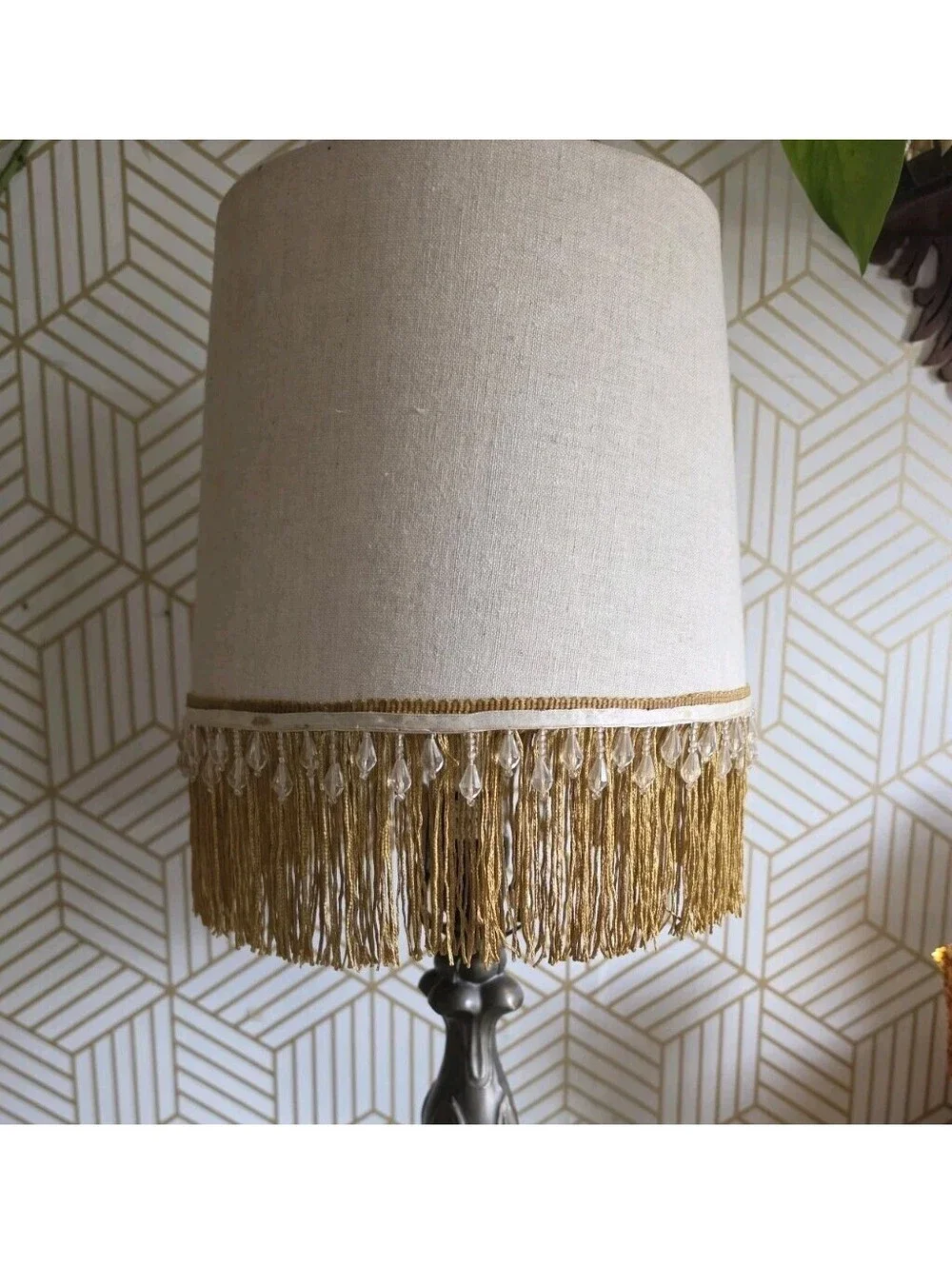Vintage Fringed And Beaded Fabric Lampshade 10